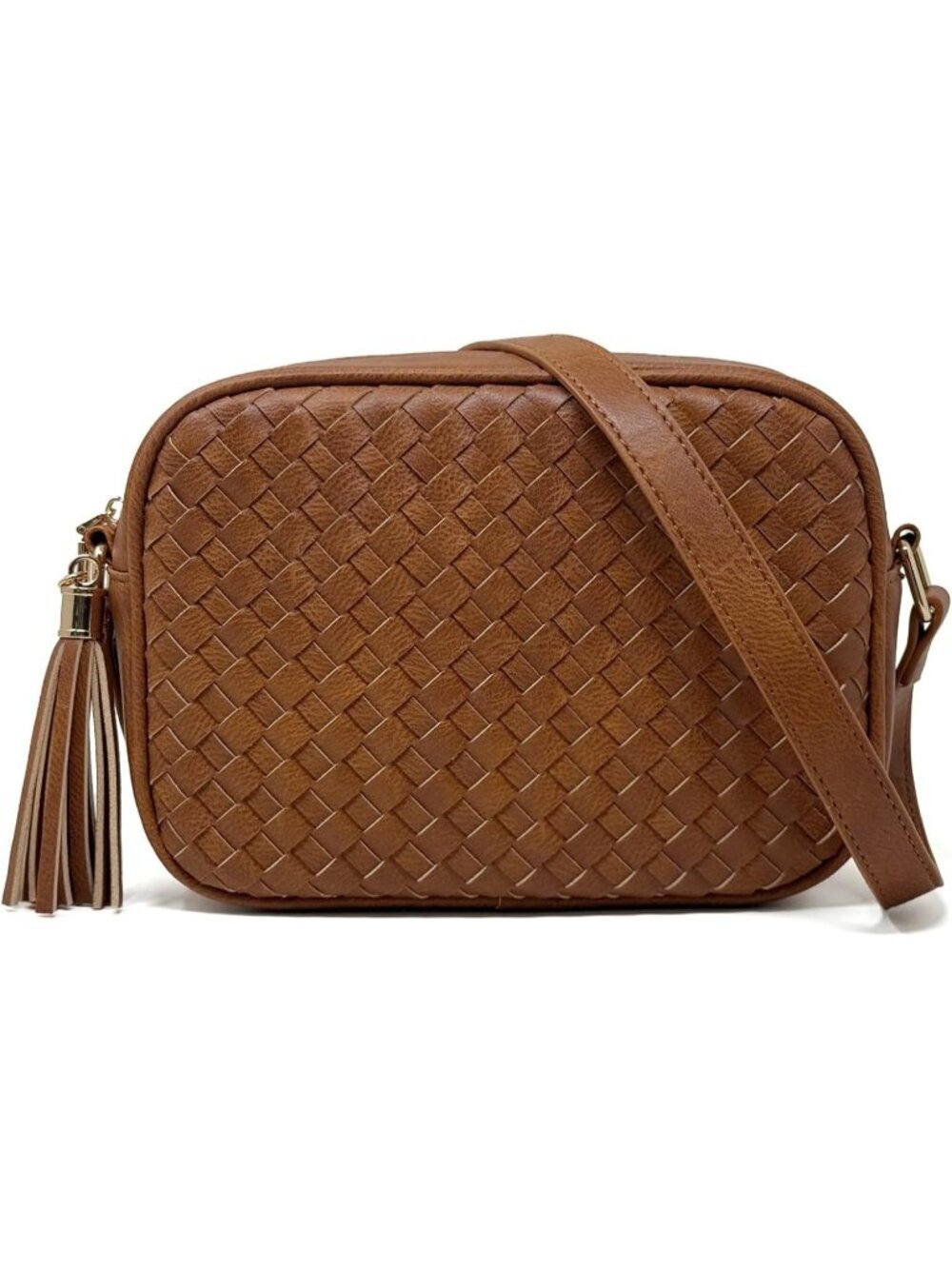 Women's Brown Faux Leather Lightweight Small  Woven Boho Style Crossbody Bags
